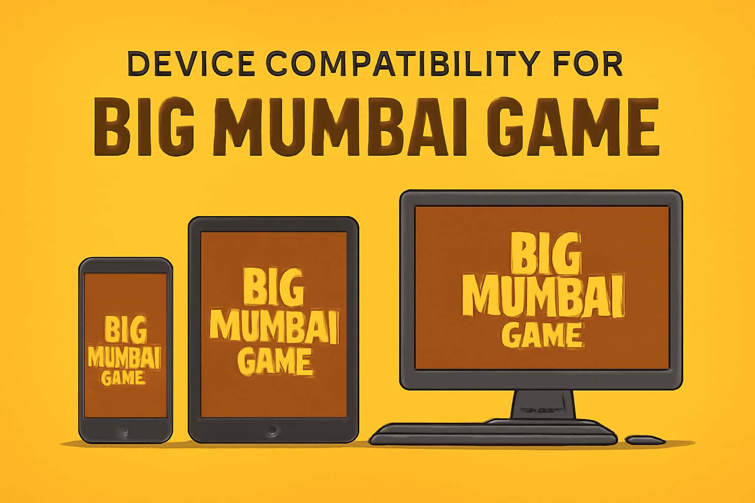 Informational scene illustrating device compatibility for Big Mumbai Game.