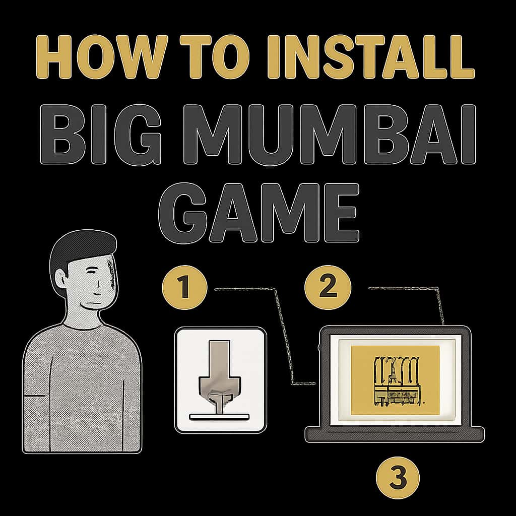 An educational diagram showing the steps to install Big Mumbai Game.