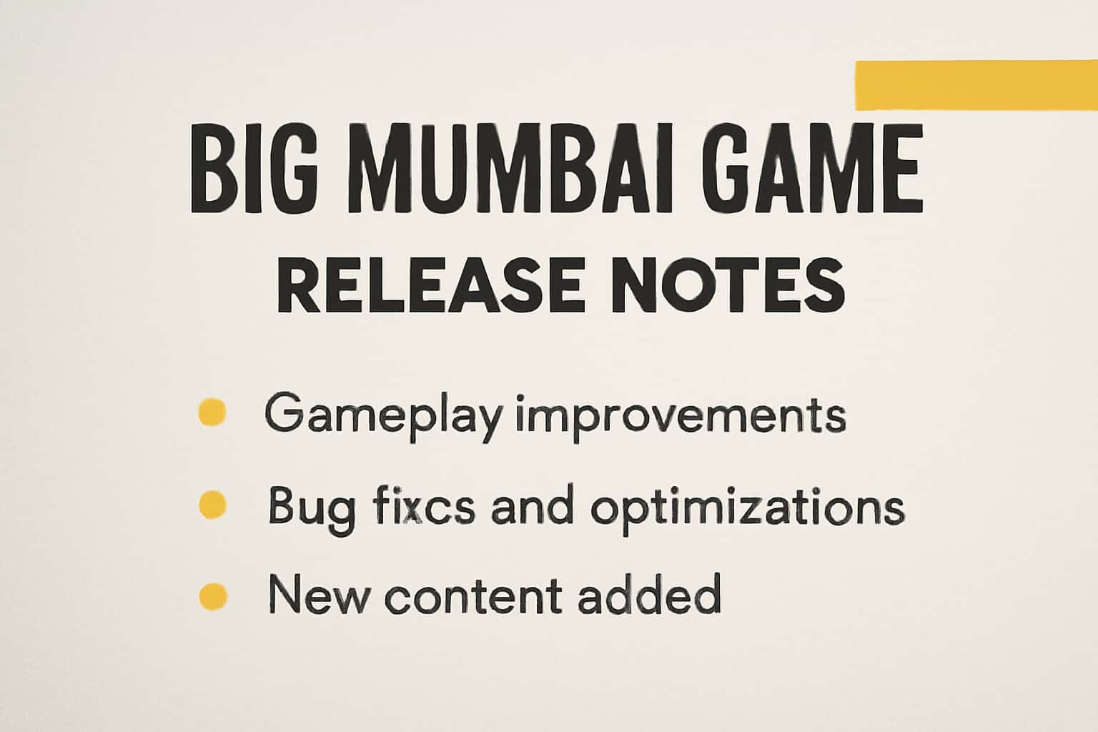 A professional layout showcasing the Big Mumbai Game Release Notes with high-tech visuals.